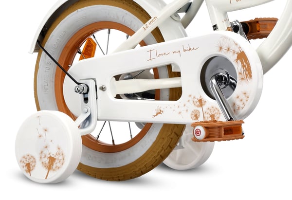 Flower Bike Flickcykel för en flicka 12 14 16 tum, Barncykel 2-6 år, Barncykel med stödhjul, pushbar, justerbar sadel och styre (Vit Beige, 12 Tum)