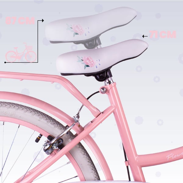 Flower Bike Tyttöpyörä yhdelle tytölle 24 tuumaa, 8-12 vuotta, Vaaleanpunainen, Lastenpyörä 7-vaihteinen, tavarateline, V-jarru, ketjusuoja.
