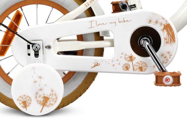 Flower Bike Flickcykel för en flicka 12 14 16 tum, Barncykel 2-6 år, Barncykel med stödhjul, pushbar, justerbar sadel och styre (Vit Beige, 12 Tum)