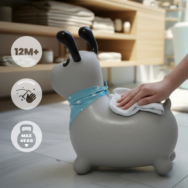 Sun Baby hoppdjur Reksio, grå med bandana + pump, 12m+, max belastning 45 kg