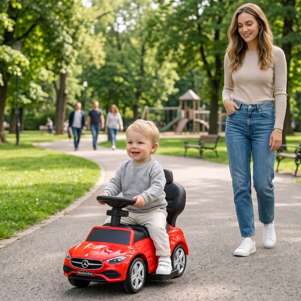 SUN BABY Gåbil til børn Mercedes C-Class fra 1 år med skubbestang, fodstøtte, lydfunktion, op til 23 kg rød