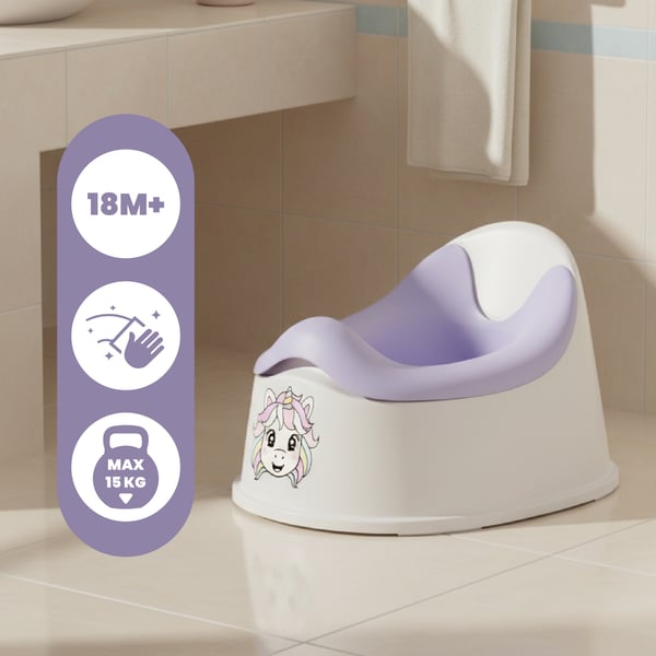 sun baby Potta lapsille 18–36 kuukautta, luistamattomat jalat, ergonominen selkänoja, enintään 15 kg (valkoinen-violetti + tarra yksisarvinen)