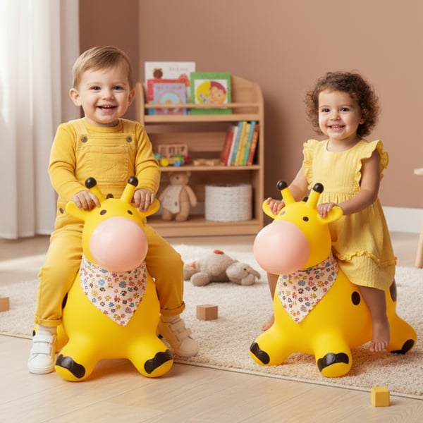 Sun Baby hoppdjur för barn Giraff, gul + pump och bandana, 12m+, maxvikt 45 kg
