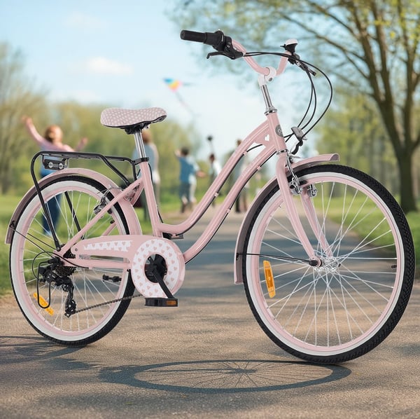 24-tuumainen kaupunkipyörä tytölle, ensikommuuniin, Shimano 7 vaihdetta, Heart Bike, vaaleanpunainen