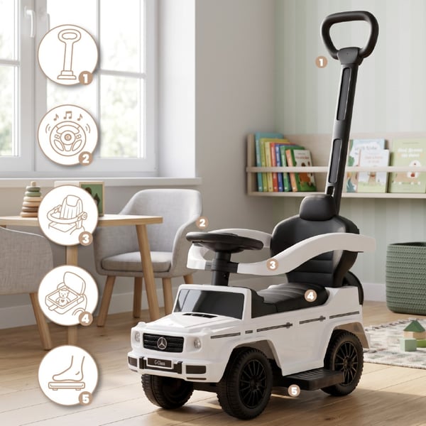 SUN BABY Gåbil til børn Mercedes-Benz Klasa G fra 1 år med skubbestang, opbevaring under sædet, lydfunktion, op til 25 kg hvid