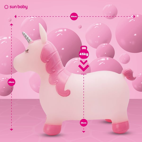 Sun Baby hoppdjur för barn Kelly, rosa med glittrande horn + pump (12m+, 45 kg)