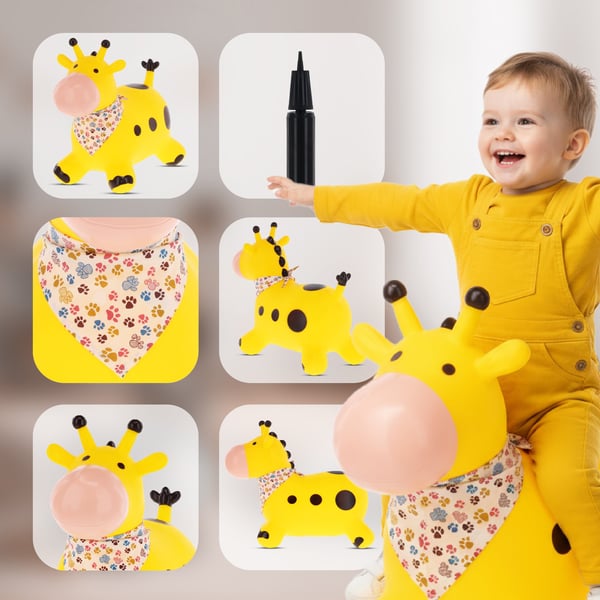 Sun Baby hoppdjur för barn Giraff, gul + pump och bandana, 12m+, maxvikt 45 kg
