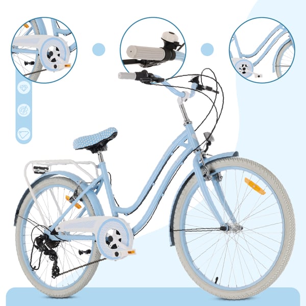 sun baby HEART BIKE Børnecykel 24 tommer - 7 gear Shimano -bagagebærer, metalskærme, V-bremse, kædeskærm - Lyseblå