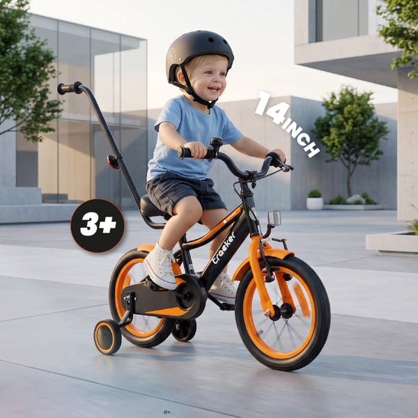 sun baby TRACKER BIKE Børnecykel 14 tommer - Justerbar sadel og styr, Klokke, Støttehjul - Orange Neon