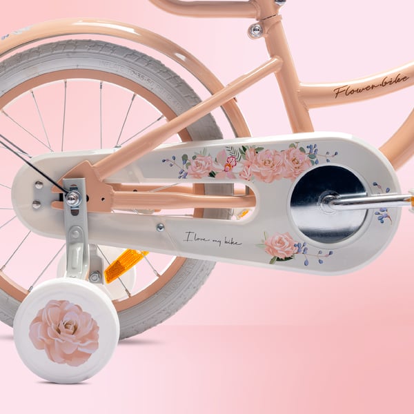 FLOWER BIKE Polkupyörä tytölle 16 tuumaa, työntötanko, sivupyörät, kori, aprikoosi