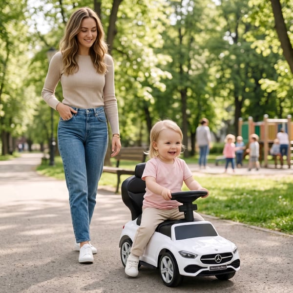 SUN BABY Gåbil til børn Mercedes C-Class fra 1 år med skubbestang, fodstøtte, lydfunktion, op til 23 kg hvid