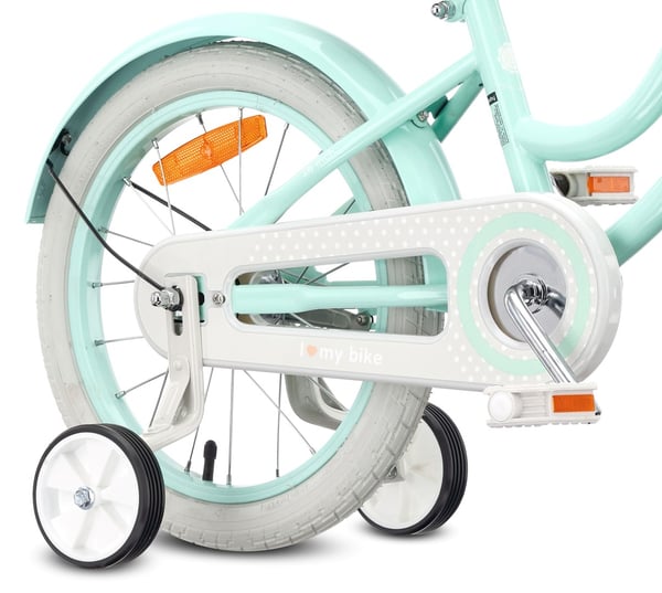Heart Bike Flickcykel för en flicka 12 14 16 tum, Barncykel 2-6 år, Barncykel med stödhjul, pushbar, justerbar sadel och styre (Silver Moon Mint, 16 t