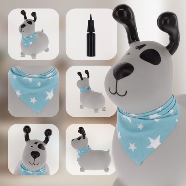 Sun Baby hoppdjur Reksio, grå med bandana + pump, 12m+, max belastning 45 kg