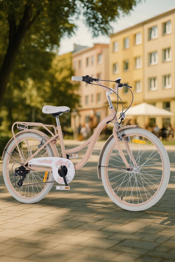 sun baby FLOWER BIKE Barncykel 24 tum - 7 växlar Shimano -pakethållare, stänkskärmar i metall, V-broms, kedjeskydd - Aprikos