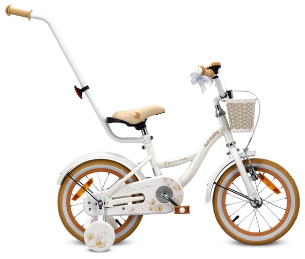 Flower Bike Flickcykel för en flicka 12 14 16 tum, Barncykel 2-6 år, Barncykel med stödhjul, pushbar, justerbar sadel och styre (Vit Beige, 14 Tum)