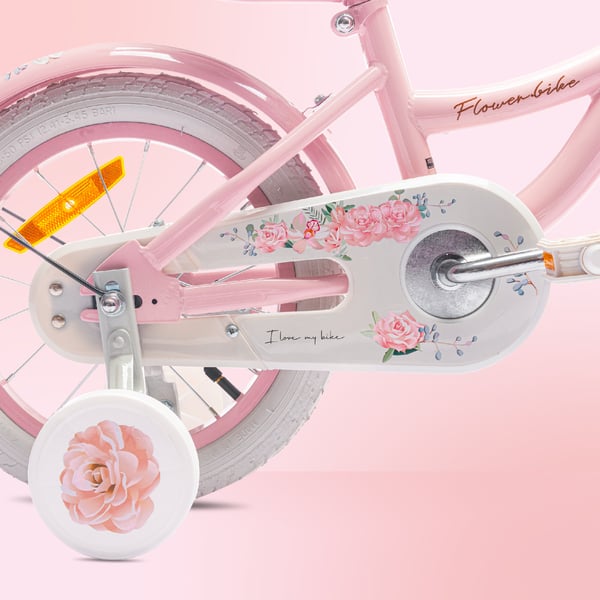 FLOWER BIKE Polkupyörä tytölle 14 tuumaa, työntötanko, sivupyörät, kori, vaaleanpunainen