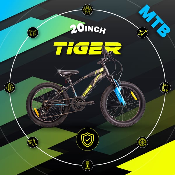 sun baby TIGER BIKE Barncykel 20 tum - 6 växlar Shimano - Justerbar sadel och styre, V-broms, Kedjeskydd - Svart Grön Blå