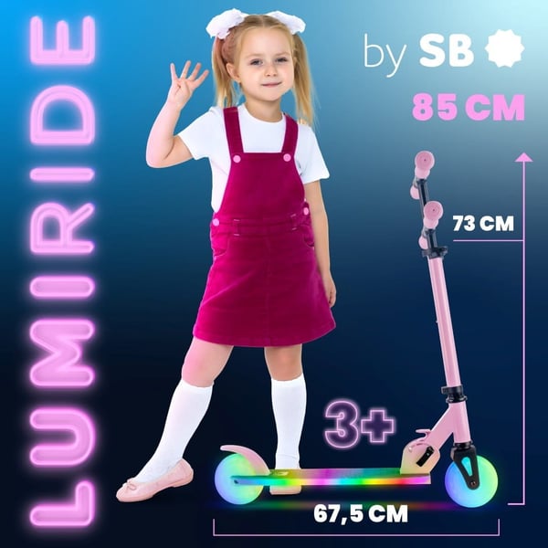 sun baby LUMI RIDE Sparkcykel Barn 2 hjul, trehjuling skoter från 3 år, LED - 7 färger, 20 program - 3 nivåer av styrhöjdsjustering, fotbroms, avtagba