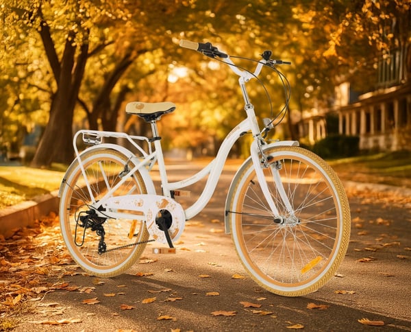 Flower Bike Tyttöjen polkupyörä yhdelle tytölle 24 tuumaa, 8-12 vuotta, Beige ja valkoinen, Lasten polkupyörä, jossa 7-vaihteinen, V-jarru