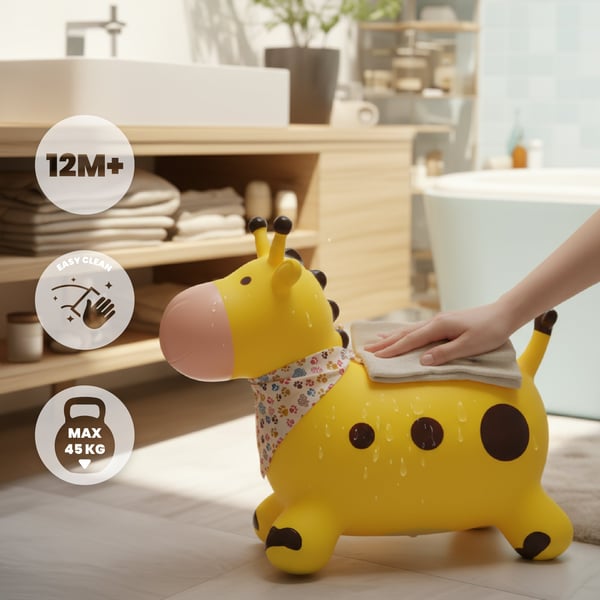 Sun Baby hoppdjur för barn Giraff, gul + pump och bandana, 12m+, maxvikt 45 kg