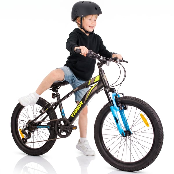 sun baby TIGER BIKE Barncykel 20 tum - 6 växlar Shimano - Justerbar sadel och styre, V-broms, Kedjeskydd - Svart Grön Blå
