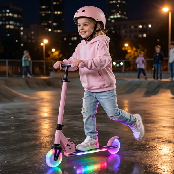 Sammenklappelig tohjulet løbehjul til børn, justerbar, Lumiride LED 7 farver, 20 programmer, pink, Sun Baby