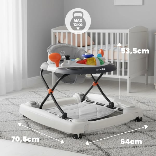 SUN BABY Gåstol för barn från 6 månader med mjuka 360° svängbara hjul och säkerhetsstopp, gungfunktion, upp till 12 kg grå