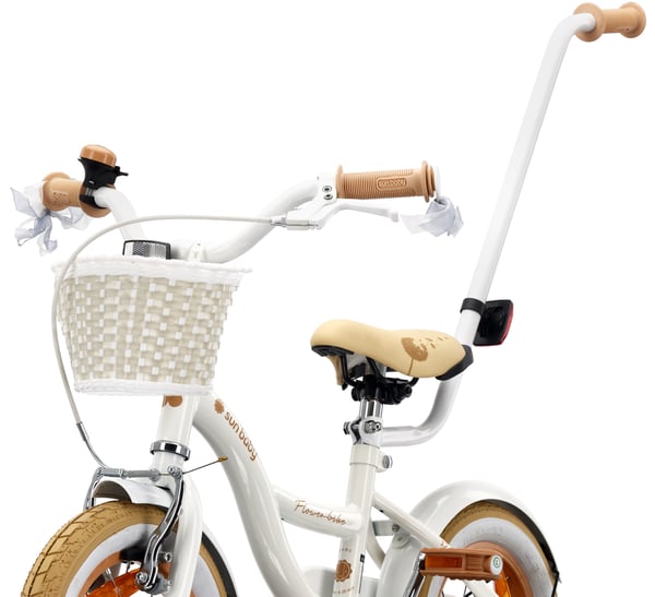 Flower Bike Flickcykel för en flicka 12 14 16 tum, Barncykel 2-6 år, Barncykel med stödhjul, pushbar, justerbar sadel och styre (Vit Beige, 12 Tum)