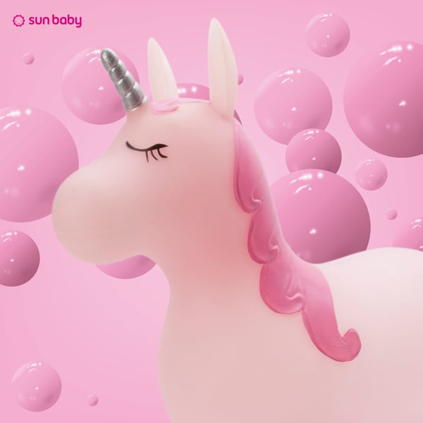 Sun Baby hoppdjur för barn Kelly, rosa med glittrande horn + pump (12m+, 45 kg)