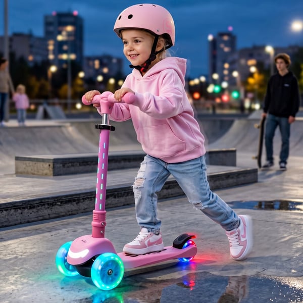 LUMI RIDE Trehjulet Balance Scooter, Sammenklappelig, Justerbar, LED Regnbuehjul med 7 Farver og 20 Programmer, Pink - Sun Baby