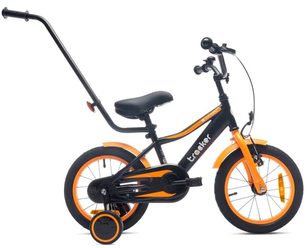sun baby TRACKER BIKE Barncykel 14 tum - Justerbar sadel och styre, Klocka, Stödhjul - Orange Neon