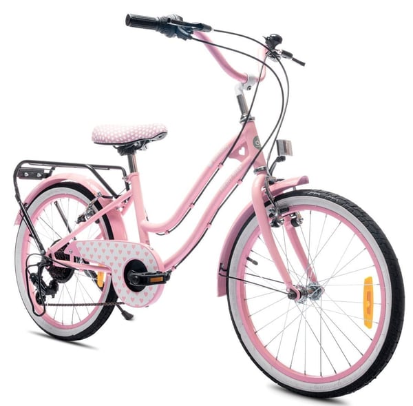 Tytön pyörä 20 tuumaa 6-vaihteisella Shimano Tourney kasetilla ja Revoshift HEART BIKE vaihdevivulla, pinkki