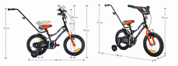 Pojan 14 tuuman Tiger Bike työntäjällä musta, oranssi ja turkoosi
