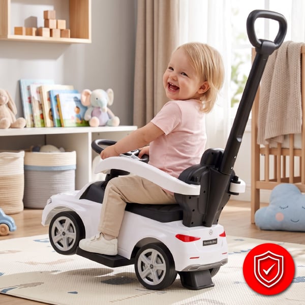 SUN BABY Gåbil til børn Mercedes C-Class fra 1 år med skubbestang, fodstøtte, lydfunktion, op til 23 kg hvid