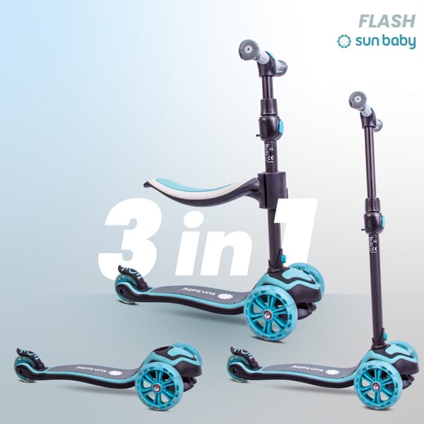 Tre-hjulet balance scooter Flash 3-i-1 LED til børn - Blå