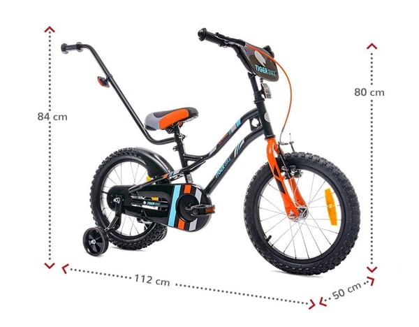 Pojan 16 tuuman Tiger Bike työntäjällä musta, oranssi ja turkoosi