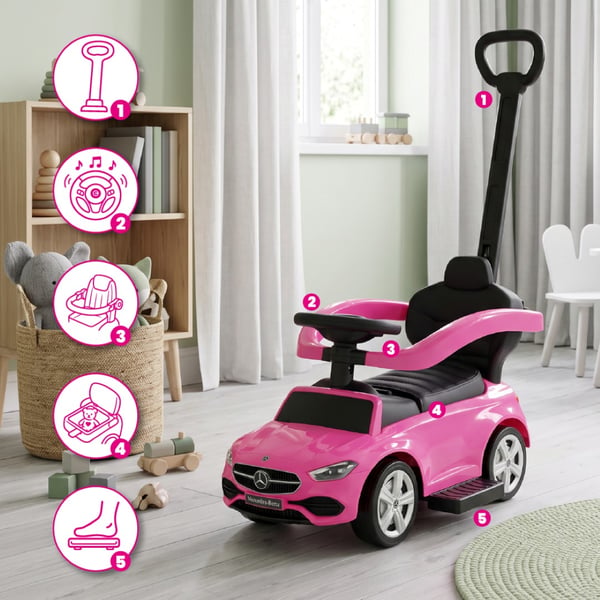 SUN BABY Gåbil för barn Mercedes C-Class från 1 år med skjutstång, ljudfunktion upp till 25 kg rosa