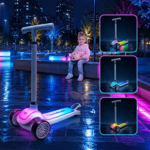 LUMI RIDE Tre-hjulet balance scooter, sammenklappelig, justerbar, LED-platform med 7 farver og 20 programmer - Grå Sun Baby