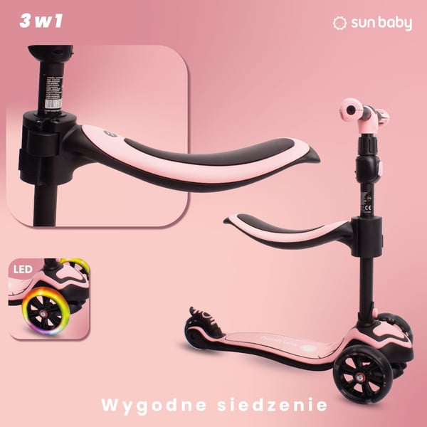 Sun Baby 3-in-1 kolmipyöräinen tasapainoskootteri LED, säädettävä ohjaustanko, max 50 kg, vaaleanpunainen