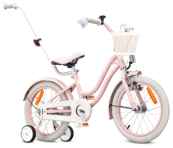Barncykel Silver Moon 16 tum med tryckstång och stödhjul, V-broms och fotbroms, rosa