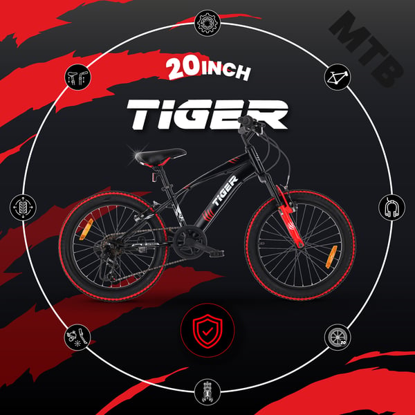 sun baby TIGER BIKE Børnecykel 20 tommer - 6 gear Shimano - Justerbar sadel og styr, V-bremse, Kædeskærm - Rød Sort