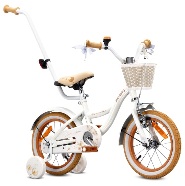 Flower Bike Flickcykel för en flicka 12 14 16 tum, Barncykel 2-6 år, Barncykel med stödhjul, pushbar, justerbar sadel och styre (Vit Beige, 14 Tum)