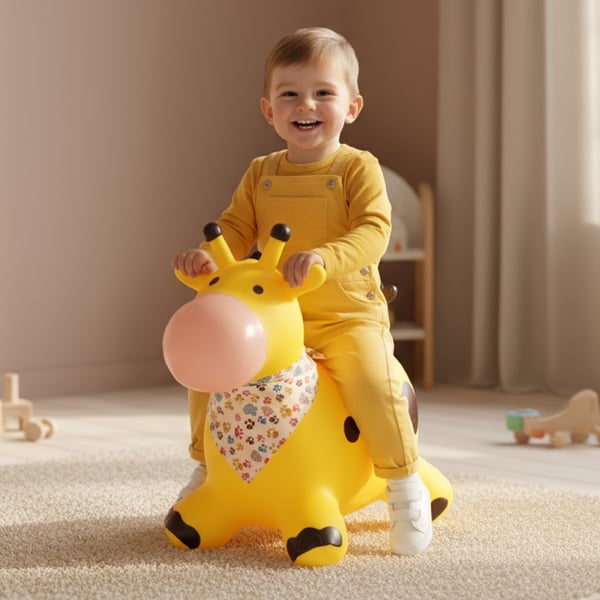 Sun Baby hoppdjur för barn Giraff, gul + pump och bandana, 12m+, maxvikt 45 kg