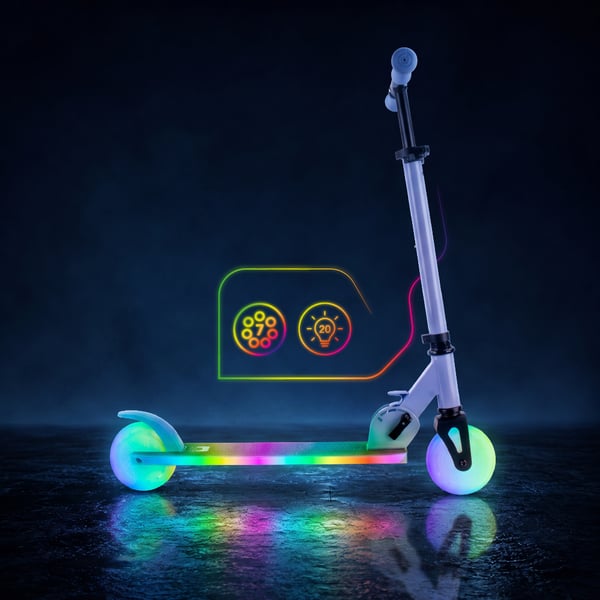 sun baby LUMI RIDE Sparkcykel Barn 2 hjul, trehjuling skoter från 3 år, LED - 7 färger, 20 program - 3 nivåer av styrhöjdsjustering, fotbroms, avtagba