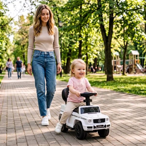 SUN BABY Gåbil til børn Mercedes-Benz Klasa G fra 1 år med skubbestang, opbevaring under sædet, lydfunktion, op til 25 kg hvid