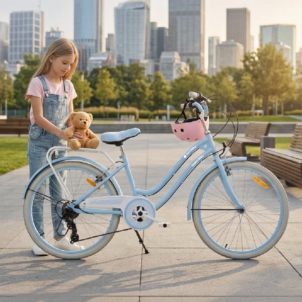 sun baby HEART BIKE Børnecykel 24 tommer - 7 gear Shimano -bagagebærer, metalskærme, V-bremse, kædeskærm - Lyseblå