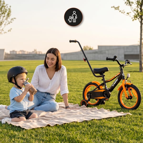 sun baby TRACKER BIKE Børnecykel 14 tommer - Justerbar sadel og styr, Klokke, Støttehjul - Orange Neon
