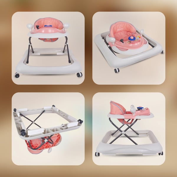 Sun Baby gåstol interaktiv 6-12 mån, 3-stegs höjdjustering, 360° hjul med gummi, stopp, enkel montering, EN 1273:2020, rosa-grå