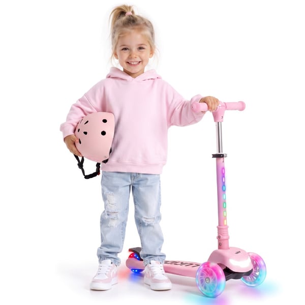 sun baby LUMI RIDE Sparkcykel Barn 3 hjul, trehjuling skoter 3+ Rosa, Balans, LED, Hopfällbar, Justerbart Styre, Fotbroms, Halkfri Plattform, Avtagbar