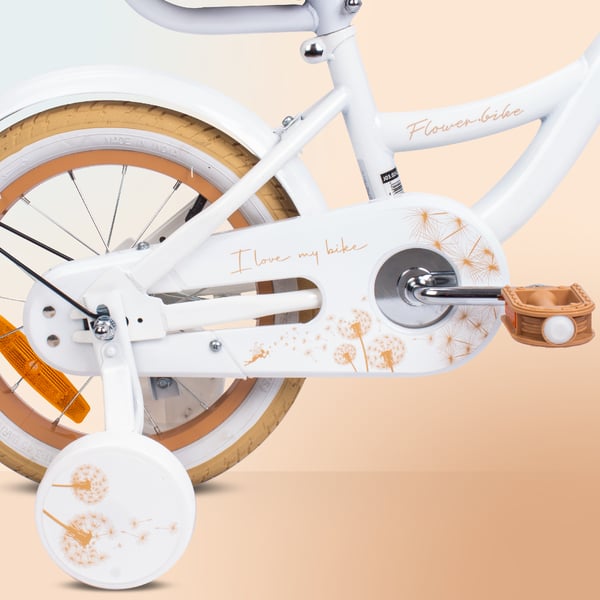 FLOWER BIKE Polkupyörä tytölle 14 tuumaa, työntötanko, sivupyörät, kori, beige